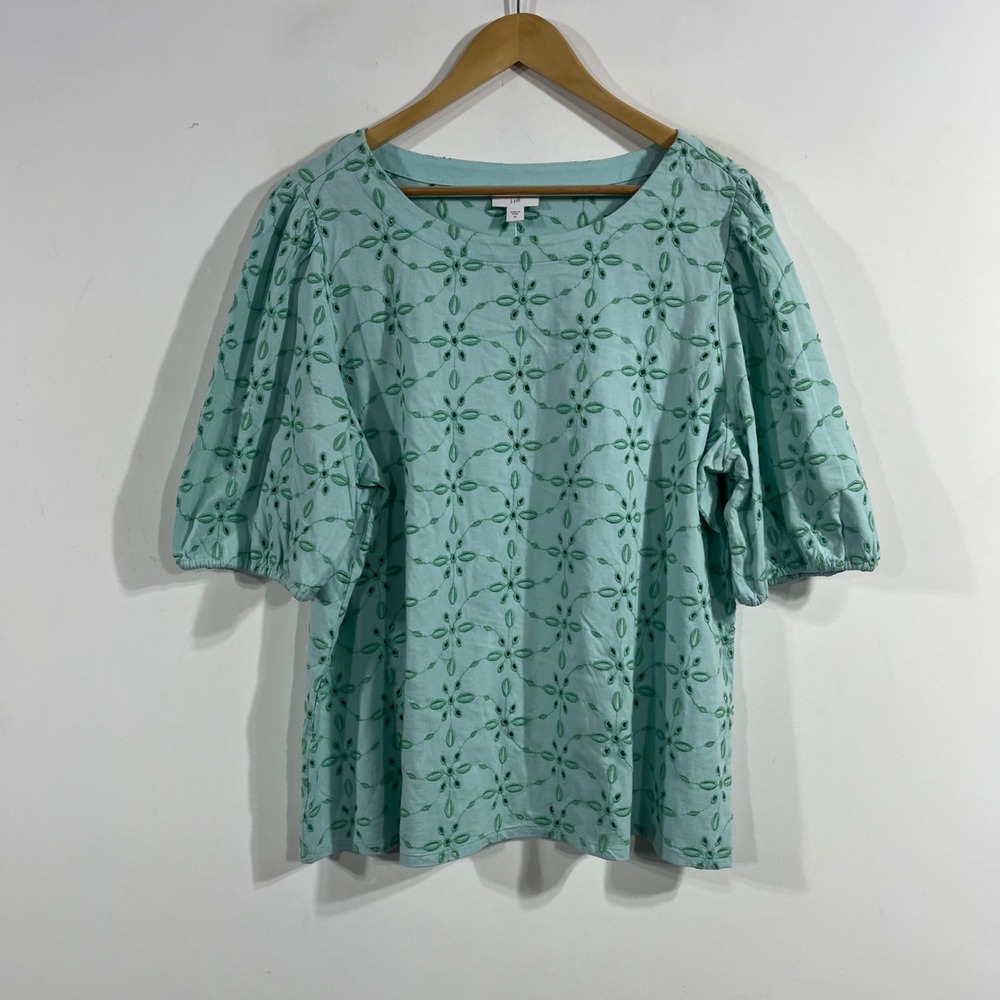 J. Jill Blue Eyelet Floral Embroidered Puff Sleeve Top XL Boho Artsy Feminine